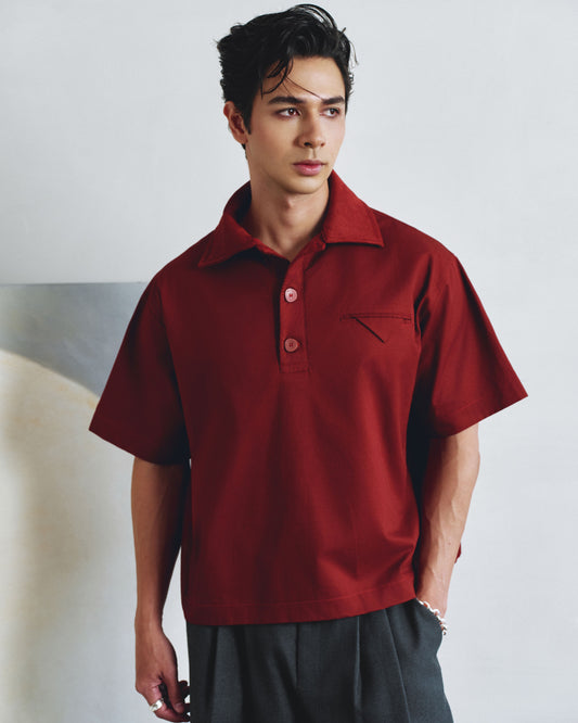 Suede Collar Oversized Polo Shirt